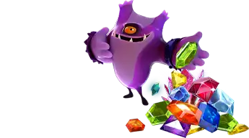 Изображение с персонажами Гама казино, окруженными разноцветными драгоценными камнями, символизирующими регулярные награды для игроков и создающими атмосферу игры и вознаграждения.